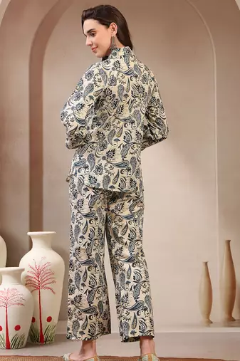 Women grey cotton floral printed co ord sets stitched