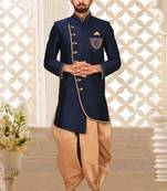 Navy blue dupion arts silk anghrakha design with hand work on collar, hand and chest pocket indo western