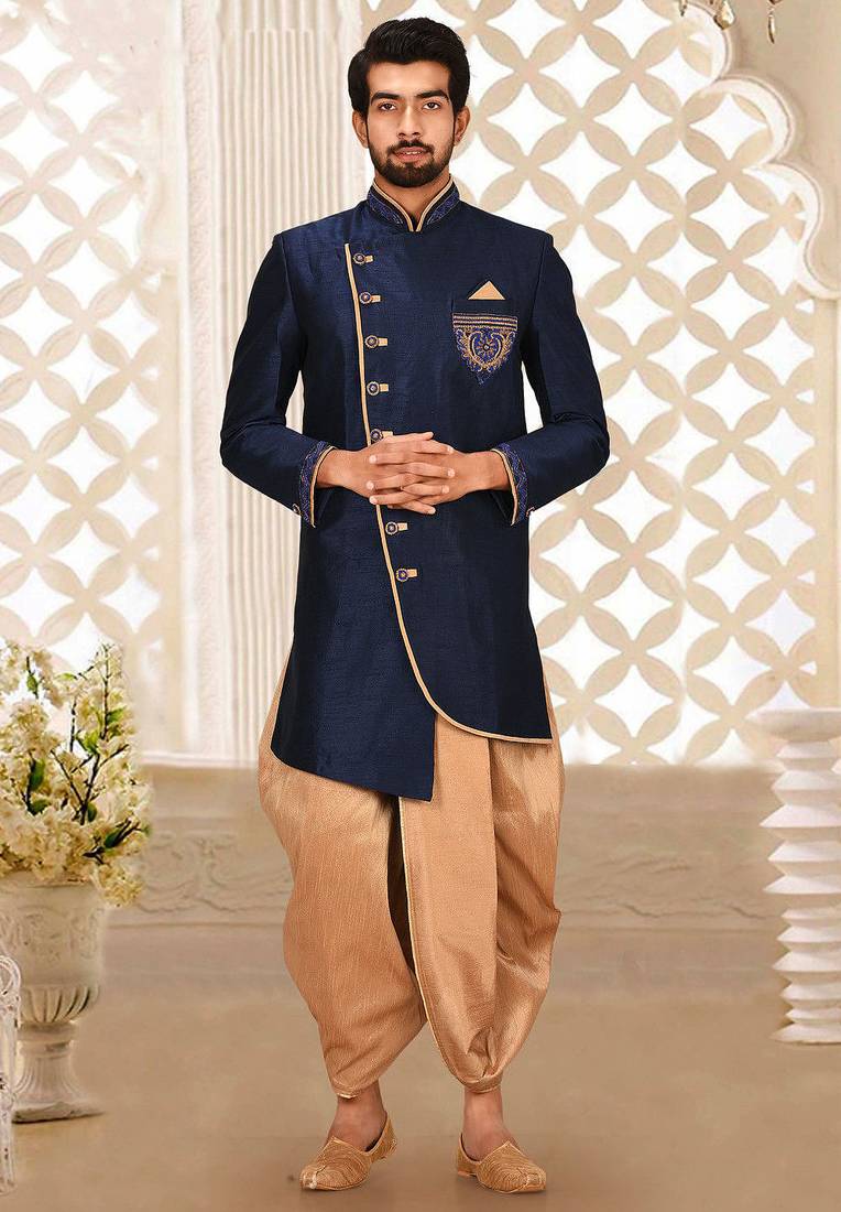 Navy blue dupion arts silk anghrakha design with hand work on collar, hand and chest pocket indo western