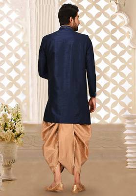 Navy blue dupion arts silk anghrakha design with hand work on collar, hand and chest pocket indo western 2