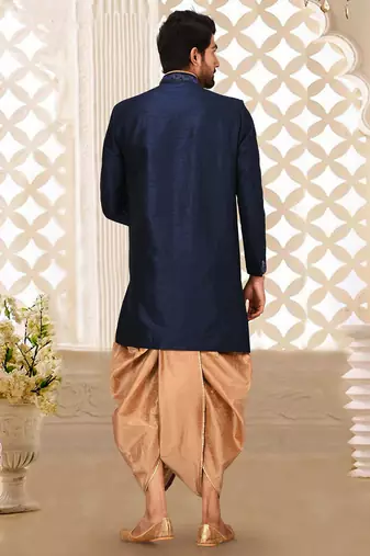 Navy blue dupion arts silk anghrakha design with hand work on collar, hand and chest pocket indo western