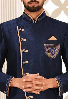 Navy blue dupion arts silk anghrakha design with hand work on collar, hand and chest pocket indo western 3