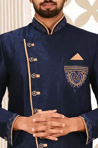 Navy blue dupion arts silk anghrakha design with hand work on collar, hand and chest pocket indo western