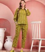 Women mehndi green cotton floral printed co ord sets stitched