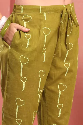 Women mehndi green cotton floral printed co ord sets stitched