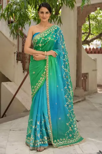 Green & blue shaded chiffon saree with gota patti jaal work