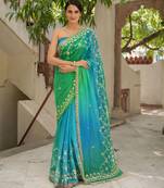 Green & blue shaded chiffon saree with gota patti jaal work