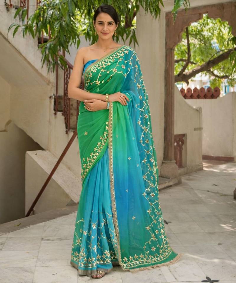 Green & blue shaded chiffon saree with gota patti jaal work