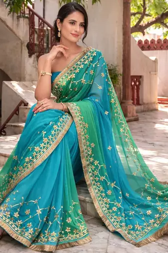 Green & blue shaded chiffon saree with gota patti jaal work