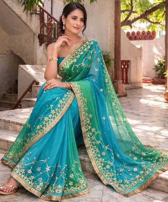Green & blue shaded chiffon saree with gota patti jaal work 5
