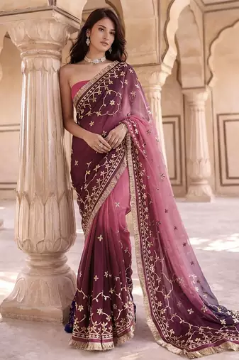 Magenta & pink shaded chiffon saree with gota patti jaal work