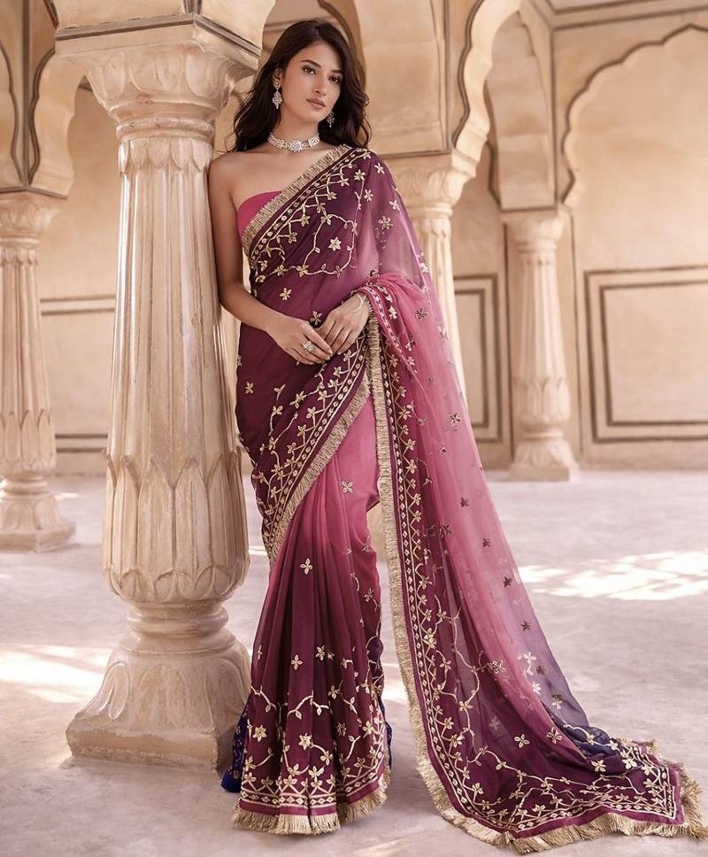 Magenta & pink shaded chiffon saree with gota patti jaal work