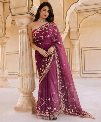 Magenta & pink shaded chiffon saree with gota patti jaal work 2