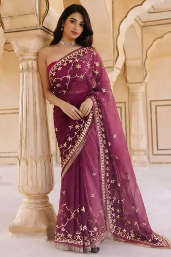 Magenta & pink shaded chiffon saree with gota patti jaal work