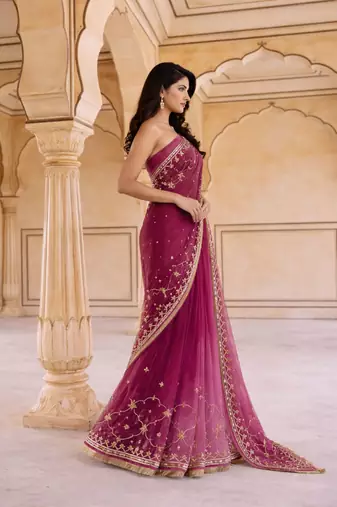 Magenta & pink shaded chiffon saree with gota patti jaal work