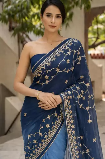 Blue shaded chiffon saree with gota patti jaal work