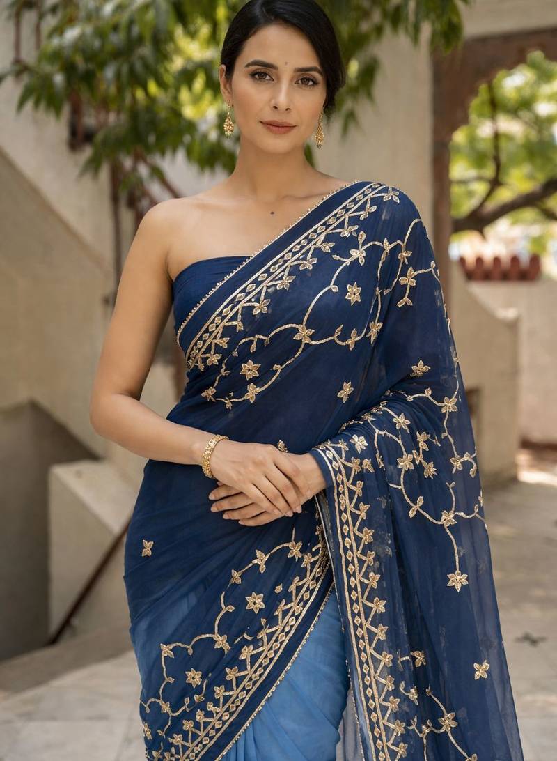 Blue shaded chiffon saree with gota patti jaal work