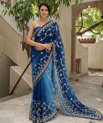 Blue shaded chiffon saree with gota patti jaal work 2