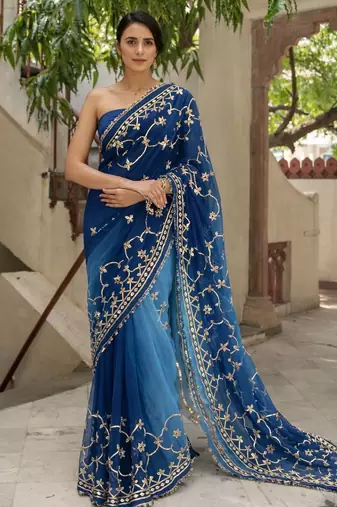Blue shaded chiffon saree with gota patti jaal work