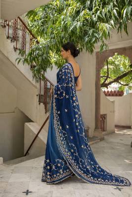 Blue shaded chiffon saree with gota patti jaal work 3