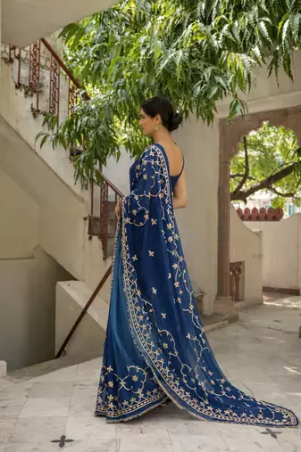 Blue shaded chiffon saree with gota patti jaal work
