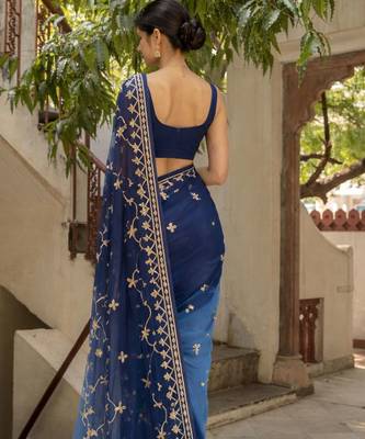 Blue shaded chiffon saree with gota patti jaal work 4