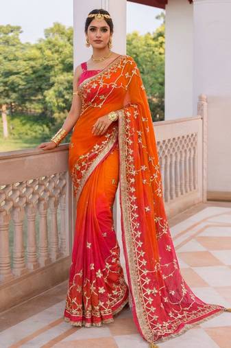 Pink & orange shaded chiffon saree with gota patti jaal work