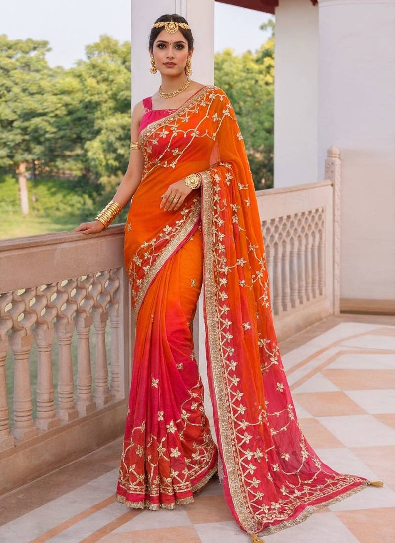 Pink & orange shaded chiffon saree with gota patti jaal work