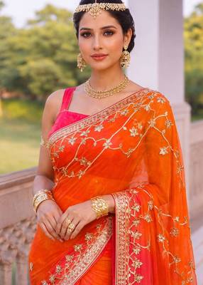 Pink & orange shaded chiffon saree with gota patti jaal work 2
