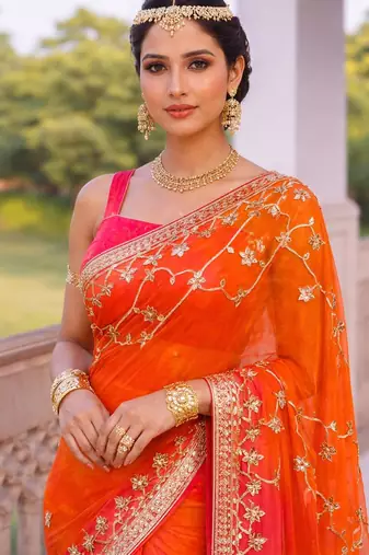 Pink & orange shaded chiffon saree with gota patti jaal work