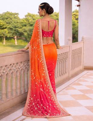 Pink & orange shaded chiffon saree with gota patti jaal work 3