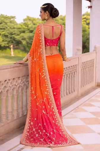 Pink & orange shaded chiffon saree with gota patti jaal work