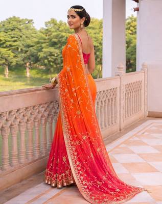 Pink & orange shaded chiffon saree with gota patti jaal work 4