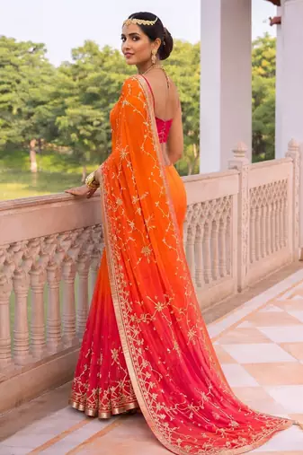 Pink & orange shaded chiffon saree with gota patti jaal work
