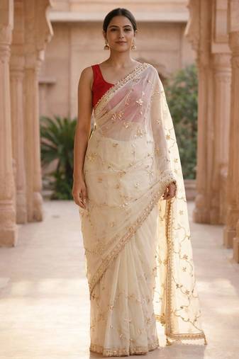 Off white chiffon saree with gota patti jaal work