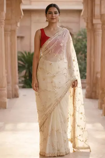 Off white chiffon saree with gota patti jaal work