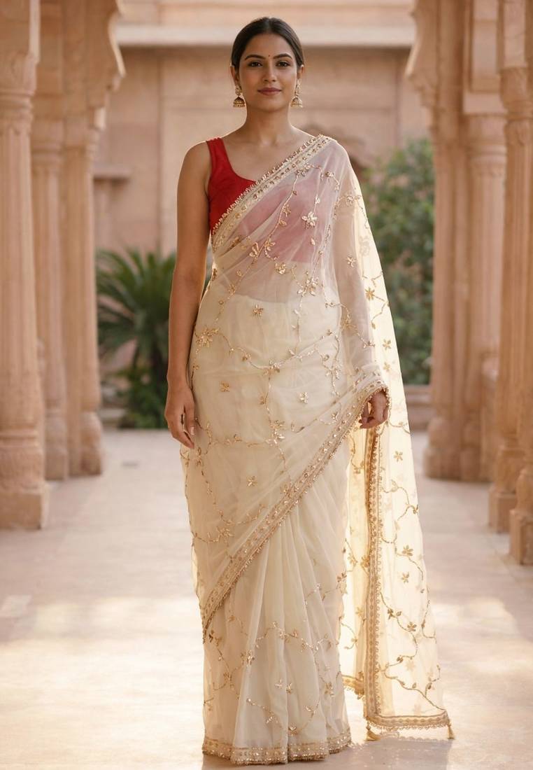Off white chiffon saree with gota patti jaal work