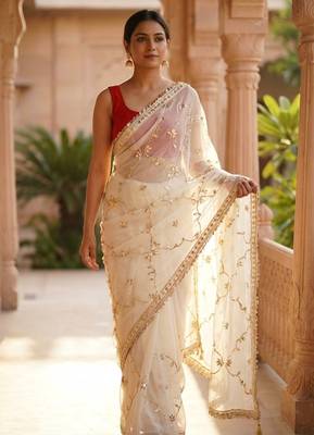 Off white chiffon saree with gota patti jaal work 2
