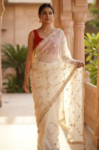 Off white chiffon saree with gota patti jaal work