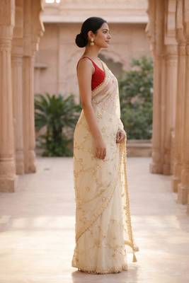 Off white chiffon saree with gota patti jaal work 3
