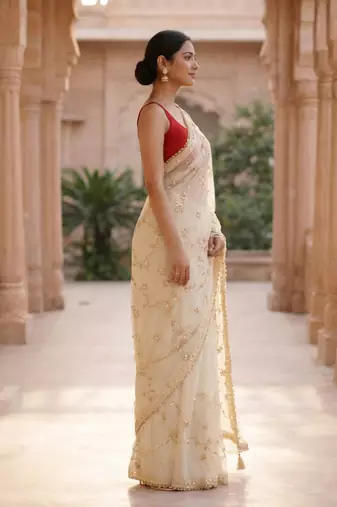 Off white chiffon saree with gota patti jaal work