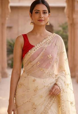 Off white chiffon saree with gota patti jaal work 4