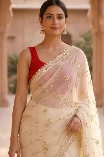 Off white chiffon saree with gota patti jaal work