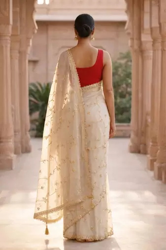 Off white chiffon saree with gota patti jaal work