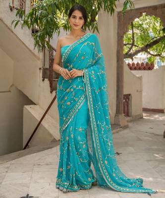 Turquoise blue chiffon saree with gota patti jaal work 1