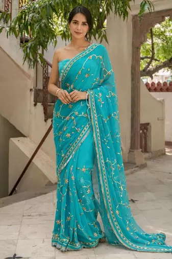 Turquoise blue chiffon saree with gota patti jaal work