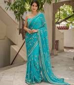 Turquoise blue chiffon saree with gota patti jaal work