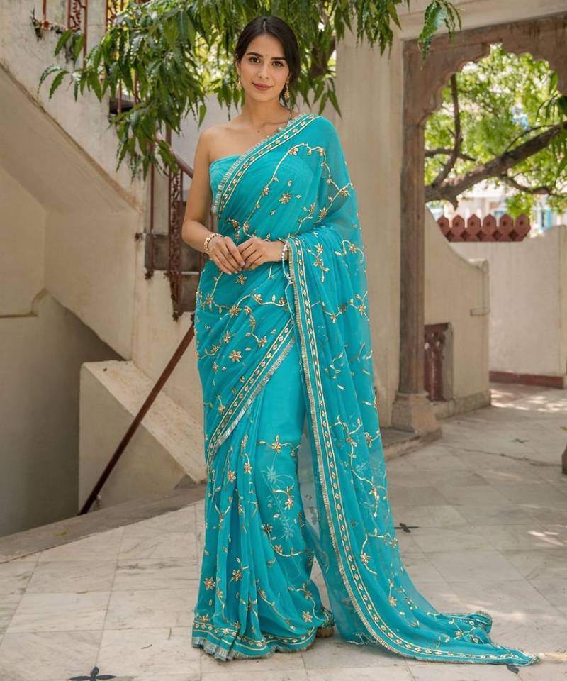 Turquoise blue chiffon saree with gota patti jaal work