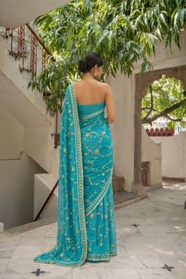 Turquoise blue chiffon saree with gota patti jaal work 3