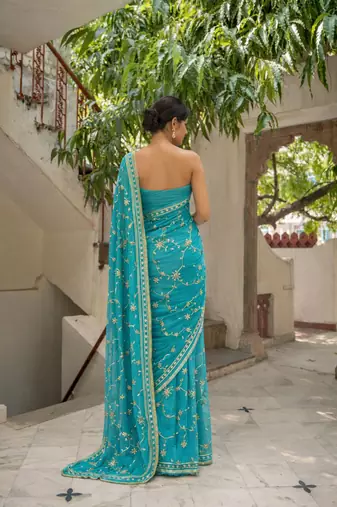 Turquoise blue chiffon saree with gota patti jaal work